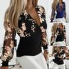 Women Lace Patchwork Long Sleeve Blouse Elegant Deep V Neck Slim Fit Pullover Top Office Lady Embroidery Floral Blouse