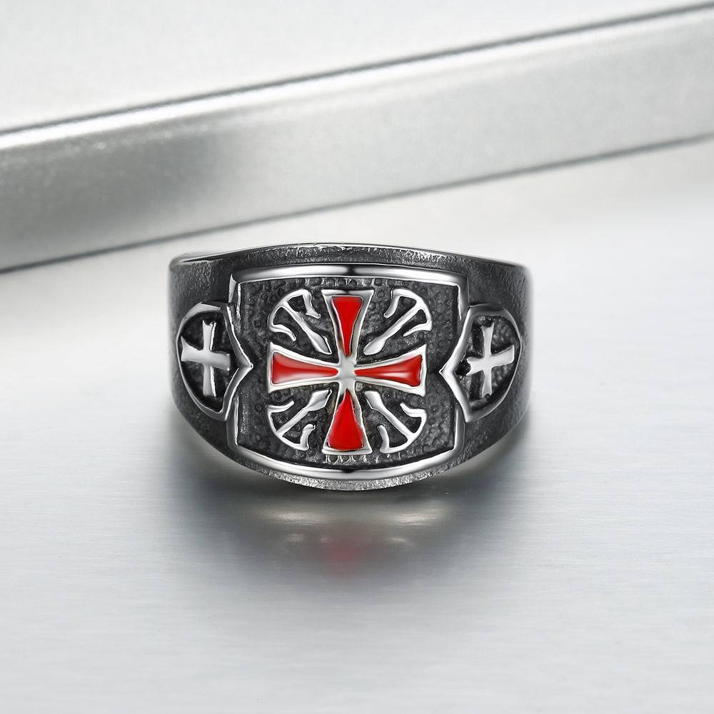 Drop Shipping US Size 7 - 14 Stainless Steel Red Armor Shield Knight Templar Crusade Cross Ring Medieval Signet Retro Vintage