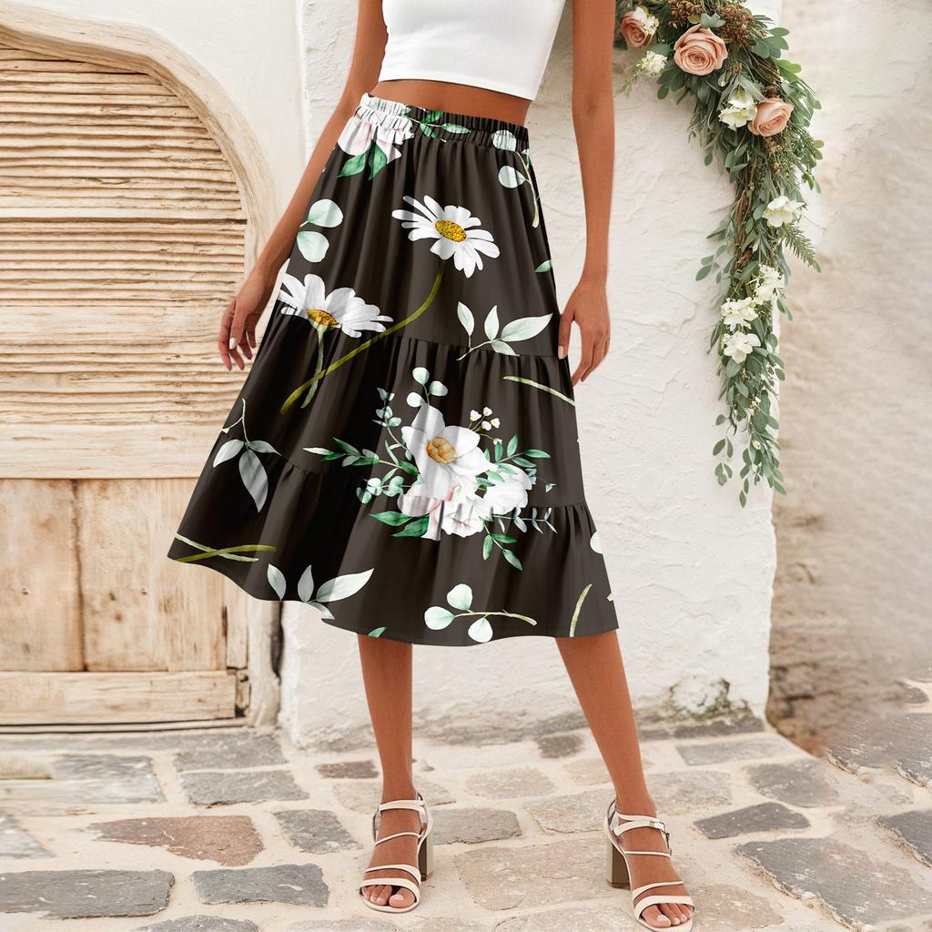 Women's Casual High Waist A-Line Skirt Polka Dot Stripe Printed Skirt With Pockets