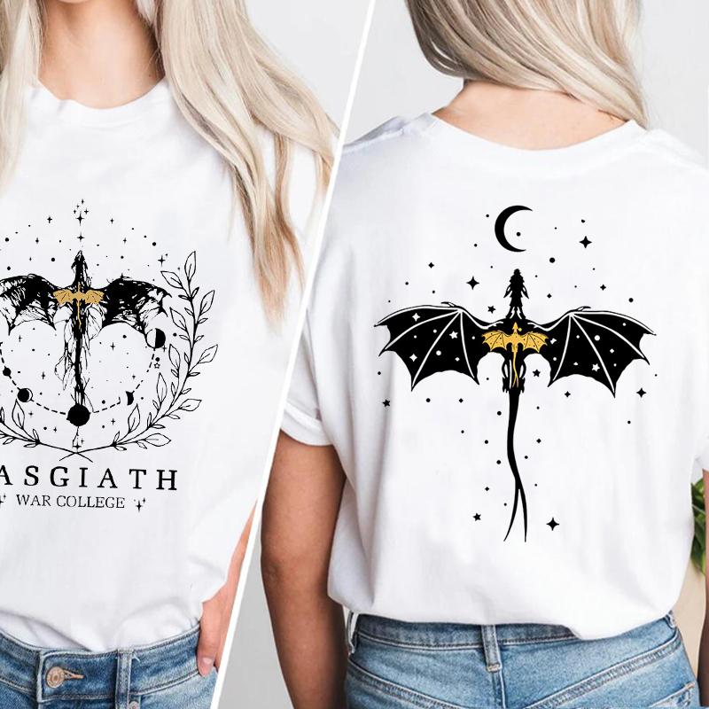 Basgiath War College T-shirt Double-side Print Fourth Wing Tshirt Dragon Rider Dark Academia T Shirt Crew Neck Short Sleeve Tops