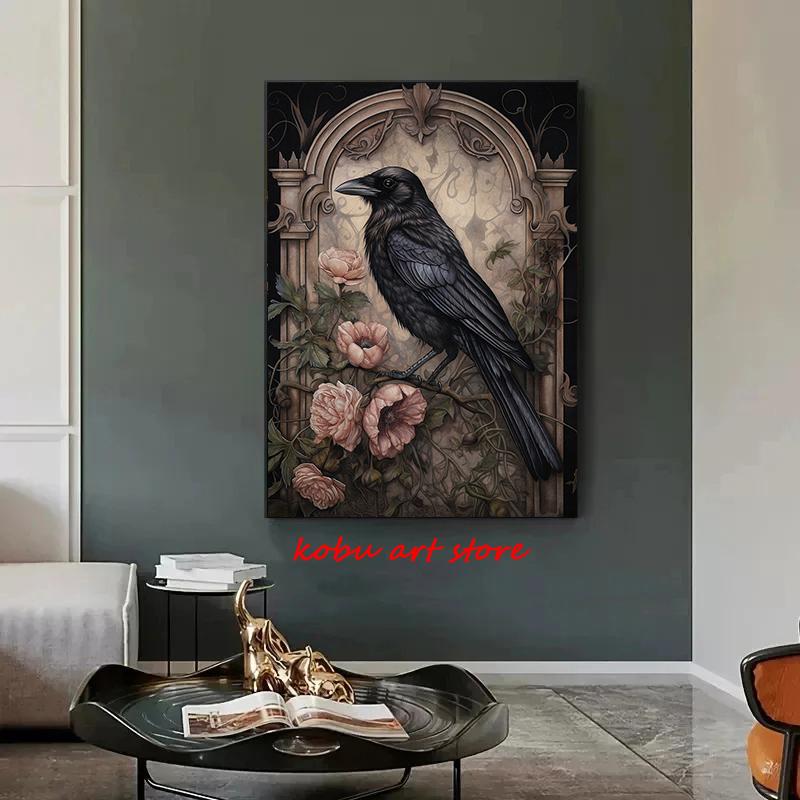 Dark Academia Raven Floral Forest Vintage Poster Gothic Crow Portrait Canvas Paintings Wall Art Print Picture Living Room Decor