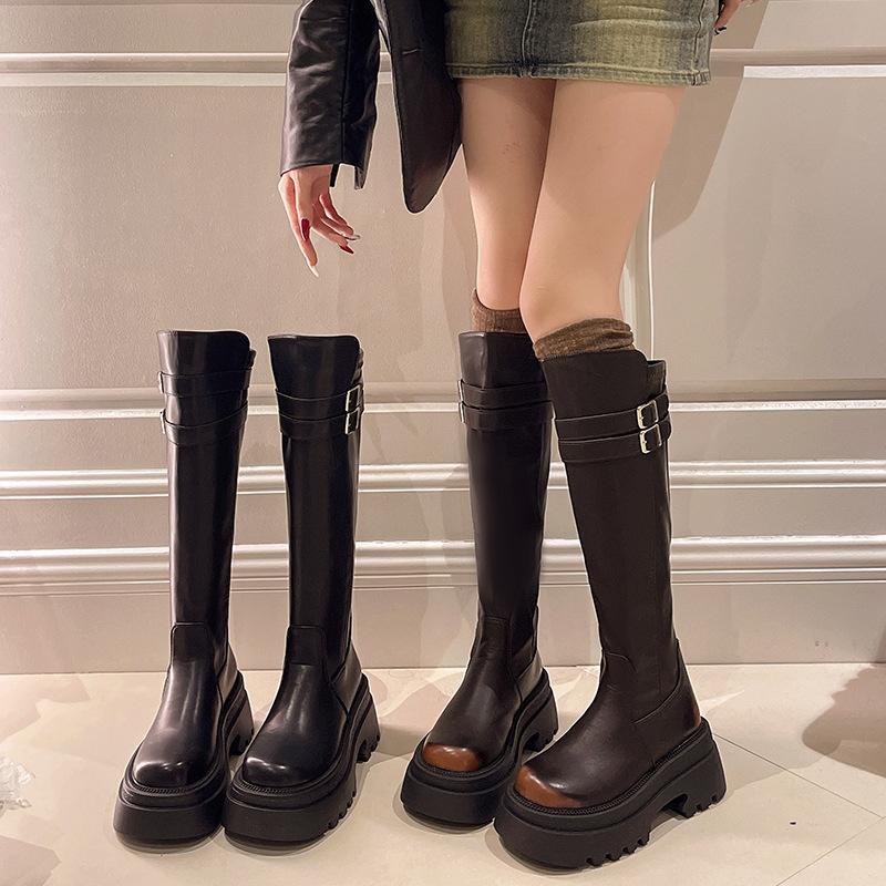 Women'S Autumn Winter New Retro Round Toe Thick Soled High Top Boots With Thick Heels And Leather Buckle Elastic Slim Boots