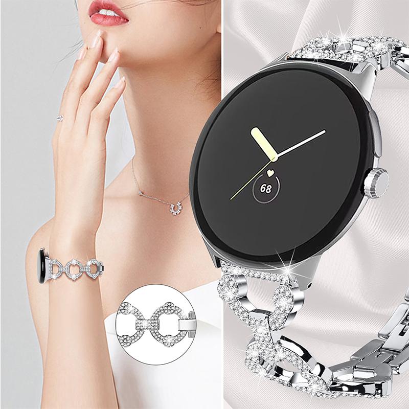 For Google Pixel Watch 3 41mm/Watch 2/Pixel Watch Rhinestone Decor Watch Band Replacement Metal Wrist Strap Bracelet