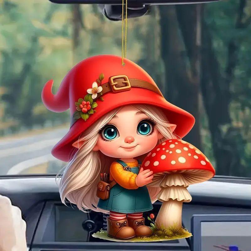 Little Car Acrylic Red Riding Mushroom Girl Keychain Pendant Vehicle Interior