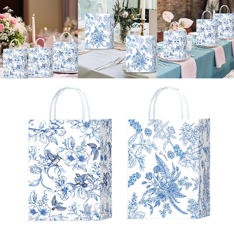 10pcs Blue & White Shopping Paper Gift Bags Elegant Porcelain Floral Tote Bags Chinese With Twine Handles Weddings