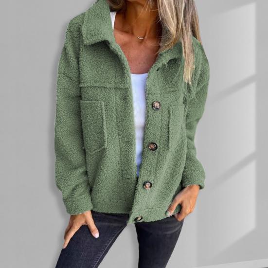 Winter Women Jacket with Double Pockets Thick Fleece Button Closure Cardigan Long Sleeves