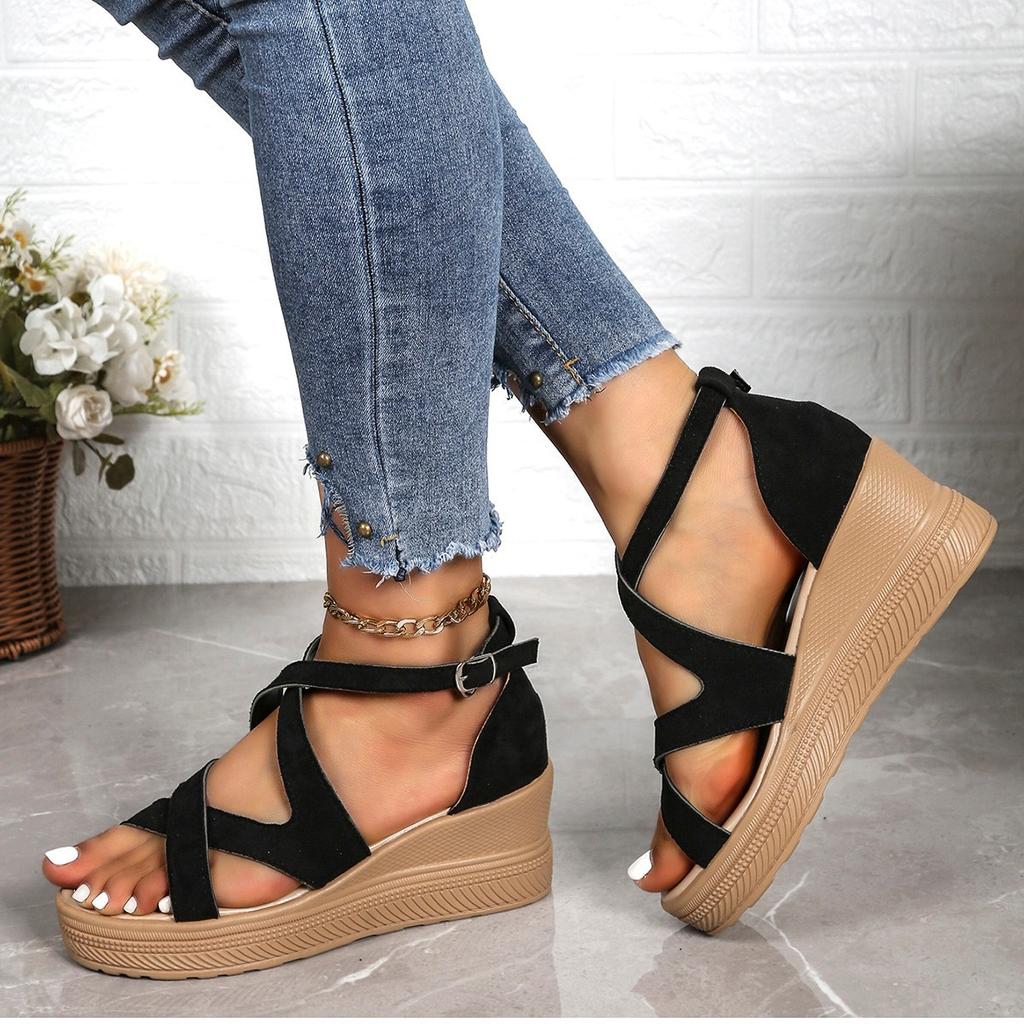 Wedges High Heel Women Summer Sandals Cross Strap Open Toe Rome Women's Shoes Casual Thick Bottom Suede Solid Sandales Femmes