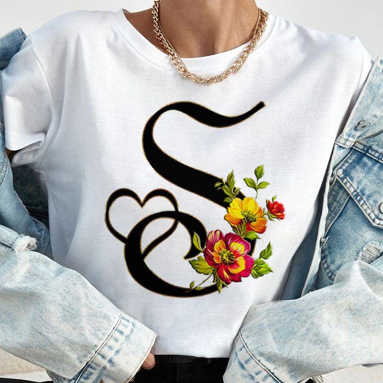 Custom Name Letter Combination Tops Fashion Women T-Shirt Rose Flower Heart Letter Font A B C D Short Sleeve Tees Black T-Shirt