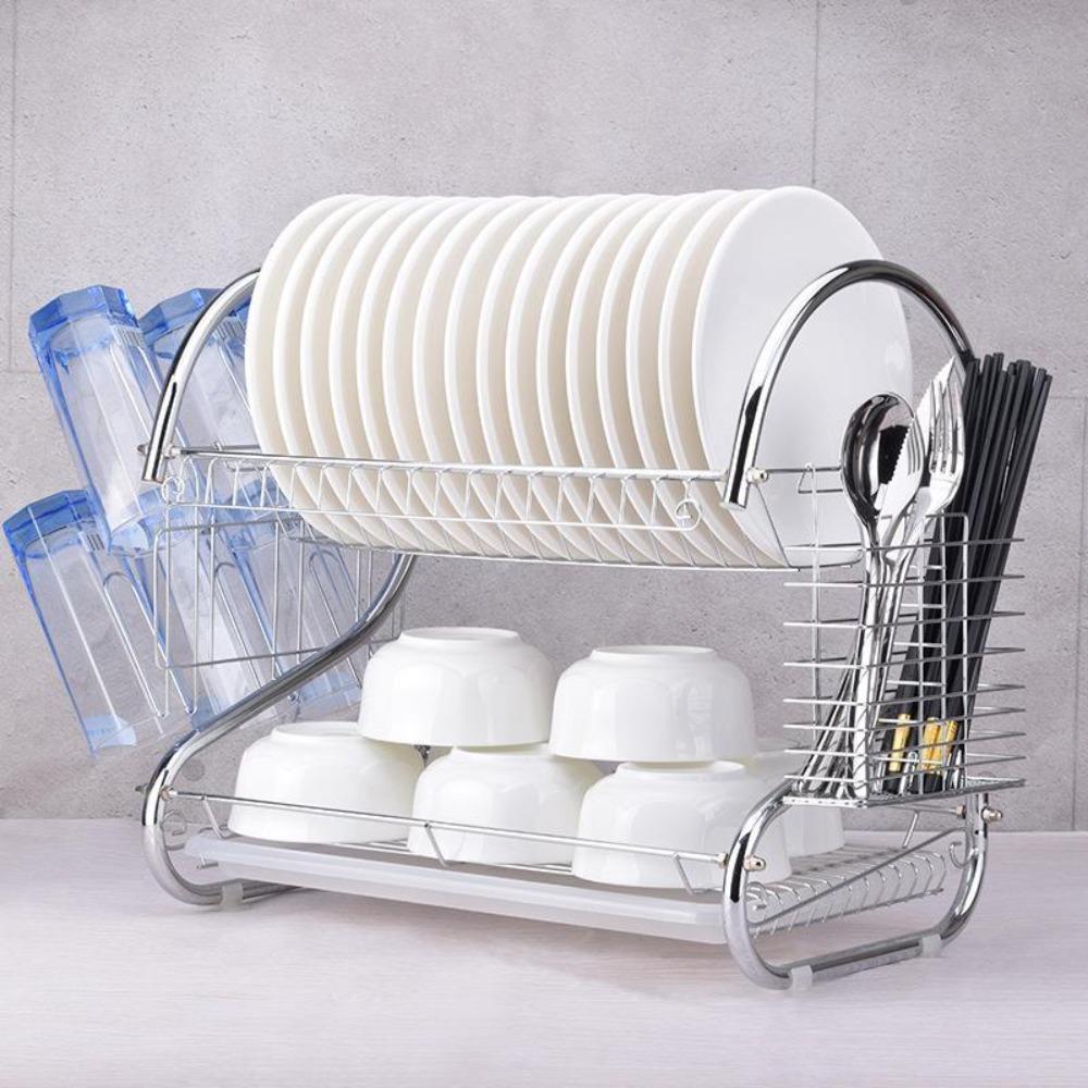 Space-saving S-Shaped Dish Drainer 2 Tier Tableware Holder Shelf Cup Drainer Chopsticks