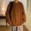 Men's Cable Knit Round Neck Sweater - Loose Fit Autumn/Winter Retro Hong Kong Style Casual Knitted Sweater