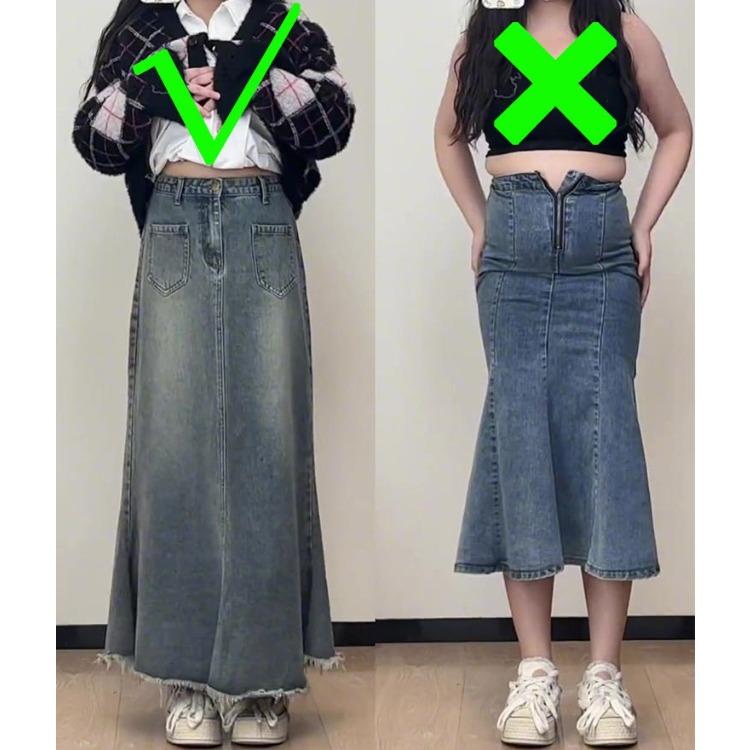 Vintage Denim A-line Skirt with Mermaid Hemline for Pear Shaped Women