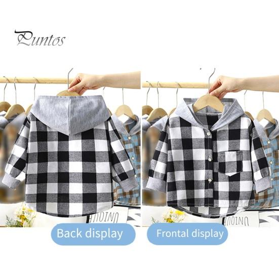 Kids Plaid Hooded Shirt Spring Fall Chest Pocket Button Closure Loose Causal Boys Girls Toddlers Children Long Sleeves Top Jacket