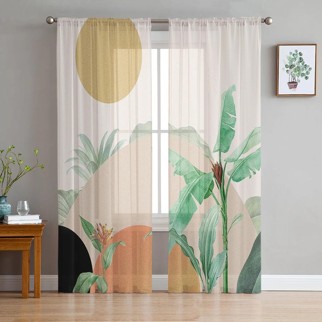 Boho Abstract Leaves Plants Tulle Curtains For Living Room Sheer Curtain For Bedroom Kitchen Blinds Voile Curtains