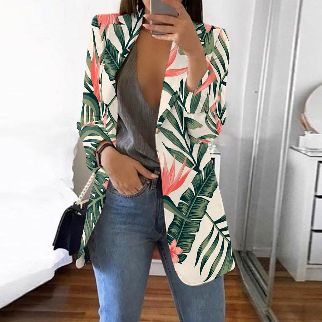 Women's Casual Fashion Print Lapel Long Sleeve Slim Fit Small Button Jacket