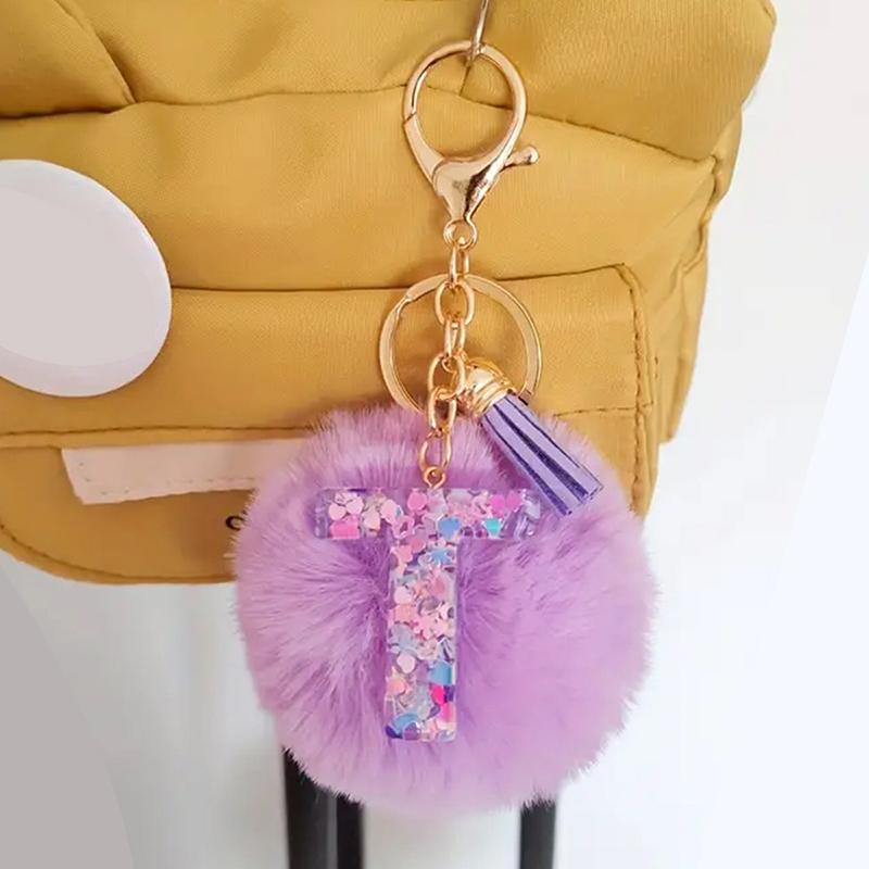 Adorable A-Z Letters Initial Keychain Sparkling Resin Alphabet Fluffy Hairball Pendant Backpack Decoration Accessories Gifts