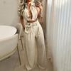 Women Two Piece Pants Set Solid Lapel V Neck Sleeveless High Waist Pocket Wide Leg Pant