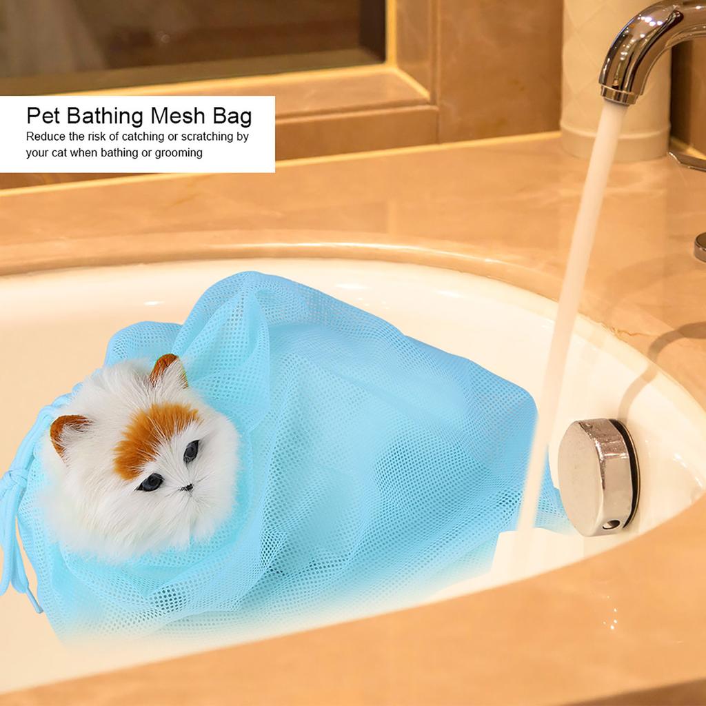 Cat Grooming Bathing Mesh Bag Pet Shower Washing Nails Cutting Ear Cleaning Tool (Sky Blue)