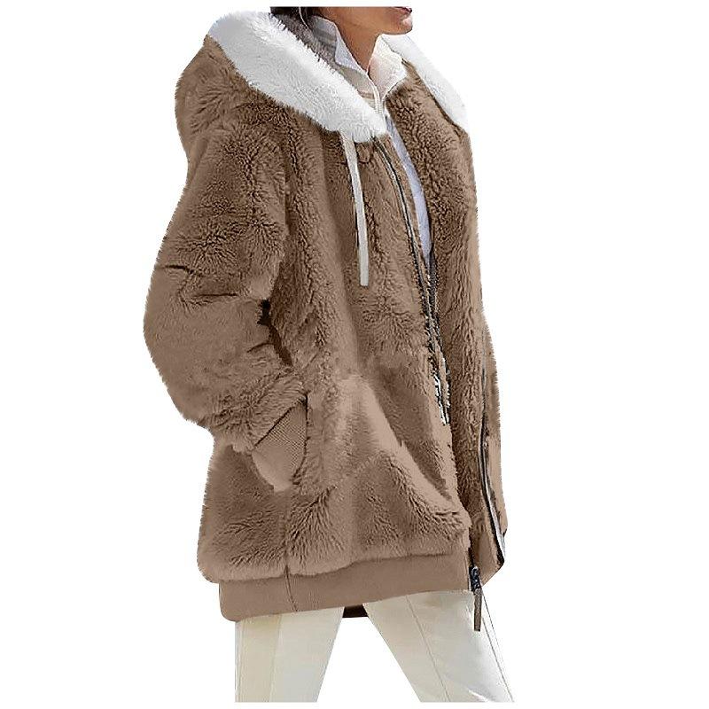 2024 Autumn/Winter Loose Plush Long Sleeve Zip Pocket Hooded Warm Coat for Women