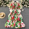 Elegant Pearls Beading Miyake Pleated Dress Women Oversized Half Sleeve Belt High Stretch Flower Print Party Long Loose Robe