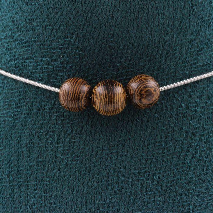 Pierres et Minéraux. Collier 3 perles Bois 8 mm. Chaine en acier inoxydable Collier femmes, hommes. Taille personnalisable.