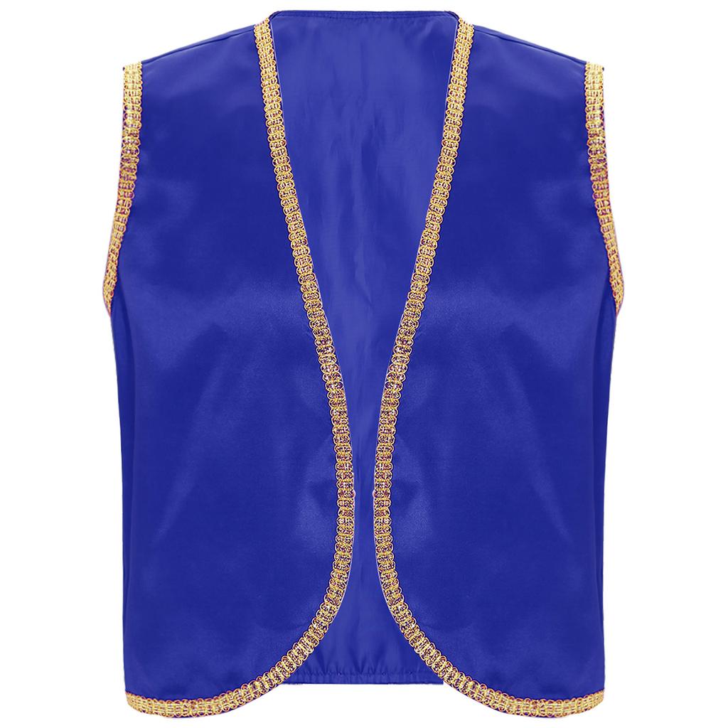 Mens Arabian Prince Costume Stain Vest Shiny Gold Trim Open Front Curved Waistcoat
