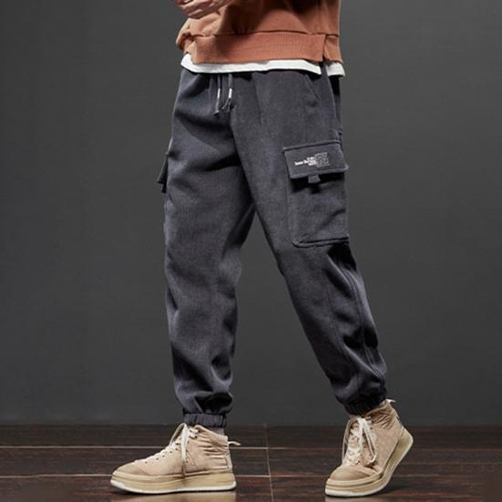 Fall Winter Men Cargo Pants Loose Drawstring Elastic Waist Plus Size Joggers Thickened