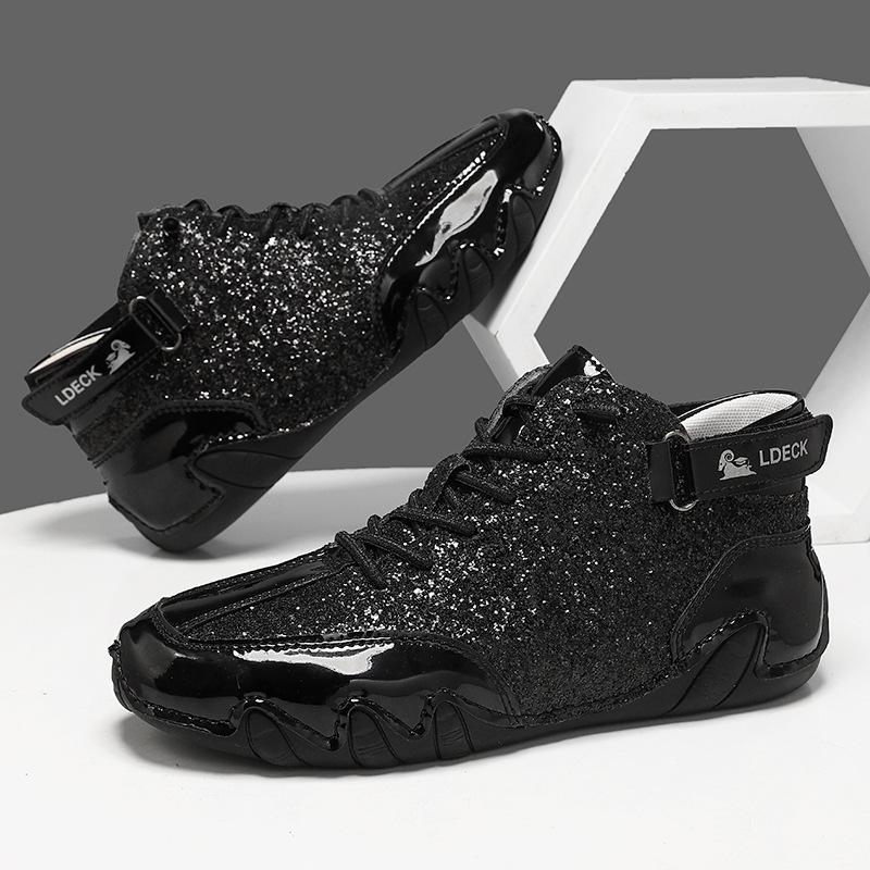 Fashion Men's Autumn Leather Casual Shoes Sequin Silver Sneakers Man High Top Shoes for Men Women Fashion Height-raising Men Sneakers