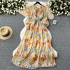 Lace Up O-neck Pleated Dress Women Temperment Elegant Long Sleeve Robes 2024 New Chic Vintage Slim Waist Print Vestidos Mujer