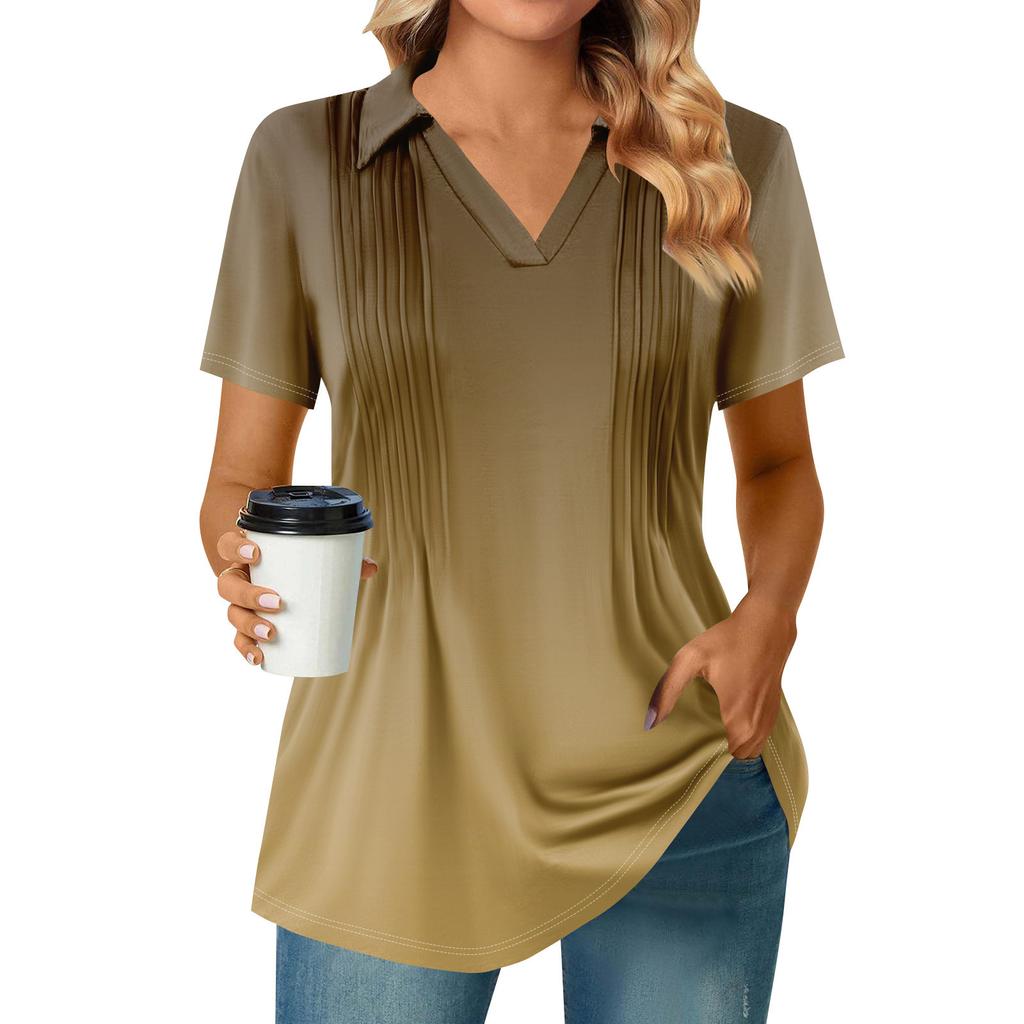 Womens Short Sleeve T Shirts Pleated V Neck Printing Tee Collared Summer Tops Fashion Business Casual Work