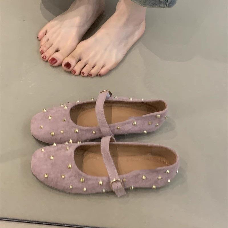 Gentle Fairy Mary Jane Shoes 2025 New Sweet Suede Rivets Square Head Shallow Mouth One-word Buckle Evening Shoes