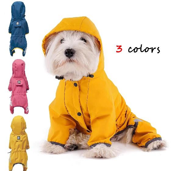 Dog Raincoat with Hood for Puppy Small Medium Dogs Solid Puppy Clothes Reflective Pets Cats Outwear Four-legged