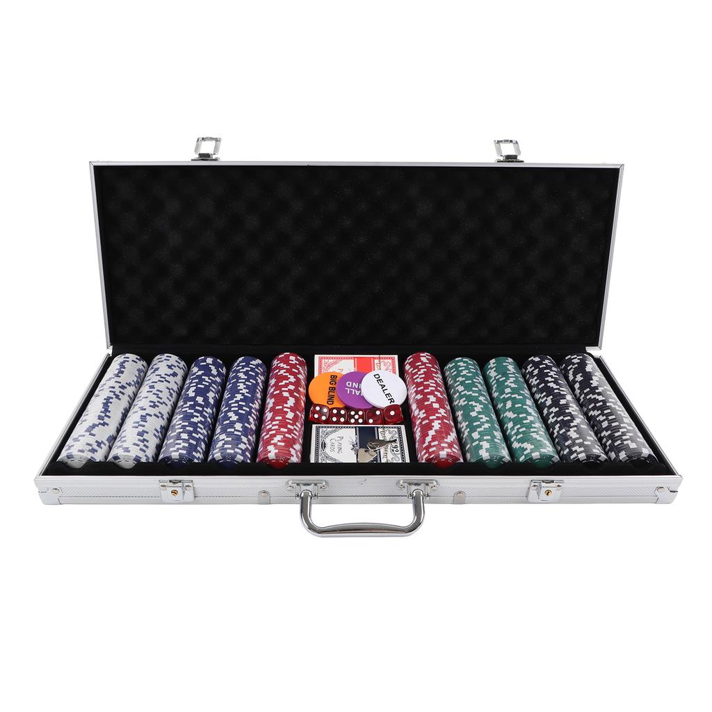 500Pcs Poker Chips 2 Set Play Cards 5 Dices Set with Carrying Case for Home Travel Camping Picnic
