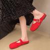 Fashion Women's Soft Sole Slippers Spring New Style Square Head Shallow Mouth Beef Suede Metal Buckle Soft Sole Non-slip Shoes