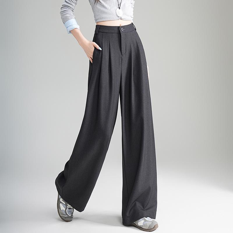 2025 Autumn Women's High Waist Grey Wool Wide-Leg Trousers - Korean Style, Floor-Length, Relaxed Fit
