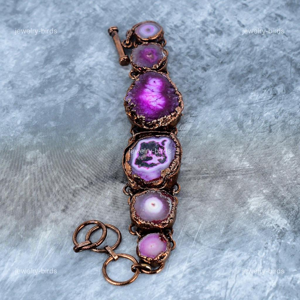 Natural Pink Solar Quartz Boho Friendship Electroformed Bracelet Jewelry Copper VP-120