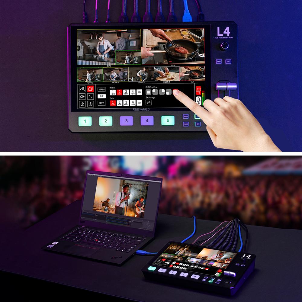 FEELWORLD L4 Multi-Format Video Mixer Switcher with 10.1 Inch Touchscreen Built-in Cooler 4 X HDMI