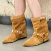 New Women Leather Ankle Boots Thick Low Heels Pointed Toe Western Cowboy Boots  Warm Autumn Winter Short Shoes Woman