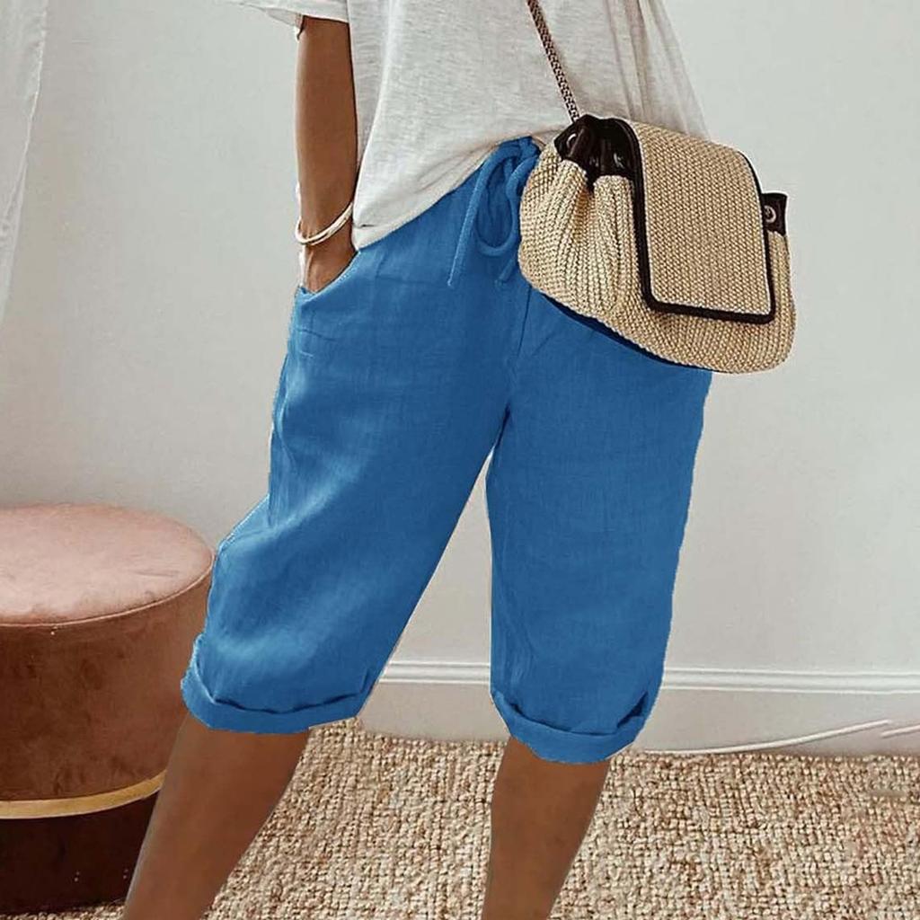 Womens Linen Shorts High Waisted Casual Shorts Drawstring Shorts With Pockets