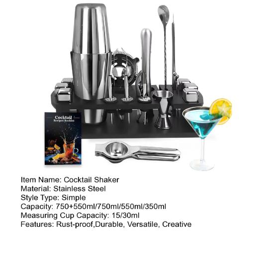 23Pcs Bartender Kit with Stand Silver Cocktail Shaker Set for Drink Mixing Martini Shaker Jigger Strainer Mixer Spoon Tongs Opener Stainless Steel
