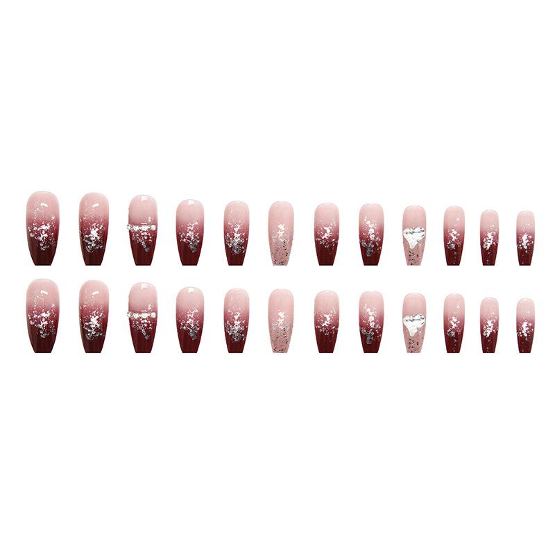 24 Pieces Burgundy Smudge Flash Love Wearing Nail Long Nail Art Film Transparent Spice Girl Ins Wind Fake Nails