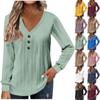 Women's Fashion Long Sleeve Solid Colour V-Neck Button T-Shirt Printed Casual Top