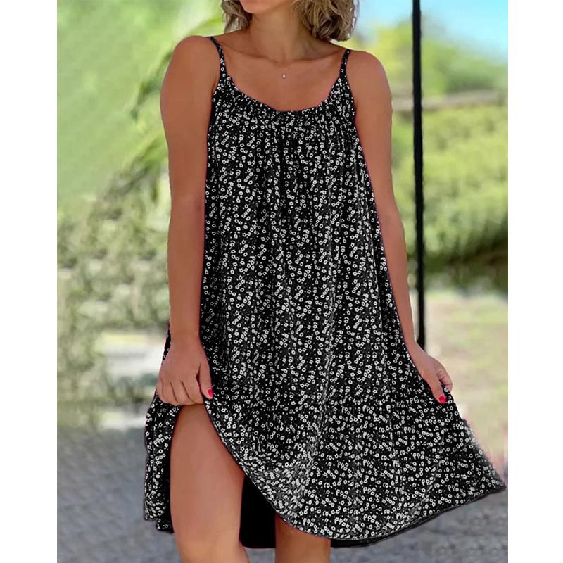 Womens Fashion Clothing Casual Summer Sleeveless Deep V-neck Dress Floral Printed Beach Dresses Cotton Loose Mini Party Skirt Tank Top Cami Dress