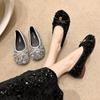 Retro Silver Bow Fairy Shoes Gentle Lady with Skirt Square Head Flat Bottom Soft Sole Sequined Single Shoes Woman