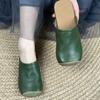 2025 Summer New Casual Slippers Splicing Baotou Half Slippers Square Head Flat Bottom Literary Sandals Women's Green