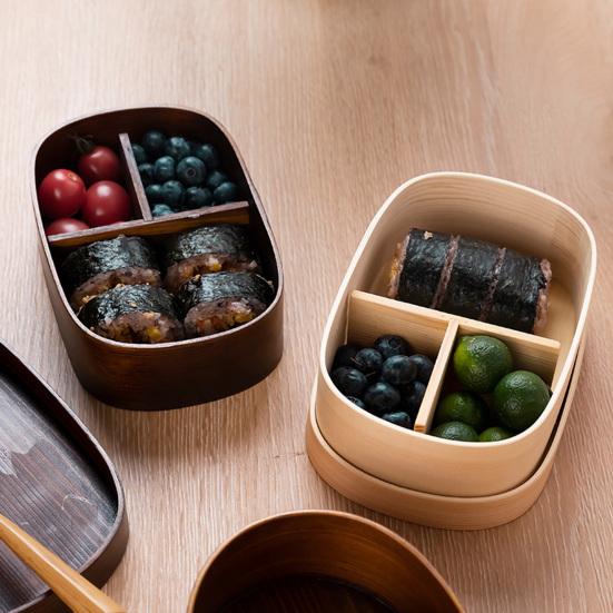 Lunch Box 3 Grids Food Grade Large Capacity Wide Application Oval Square Shape Packed Lunch BPA Free Single-layer Wood Bento Box Kitchen Accessories