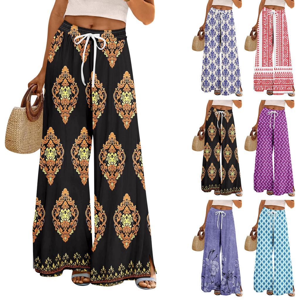 Women Summer Boho Palazzo Pants High Waist Wide Leg Floral Printing Casual Trousers With Pockets