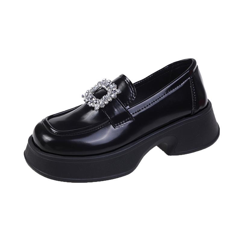 Spring New Women's Leather Shoes Korean Square Buckle Soft Bottom Shiny Patent Leather Rhinestone Leather Shoes