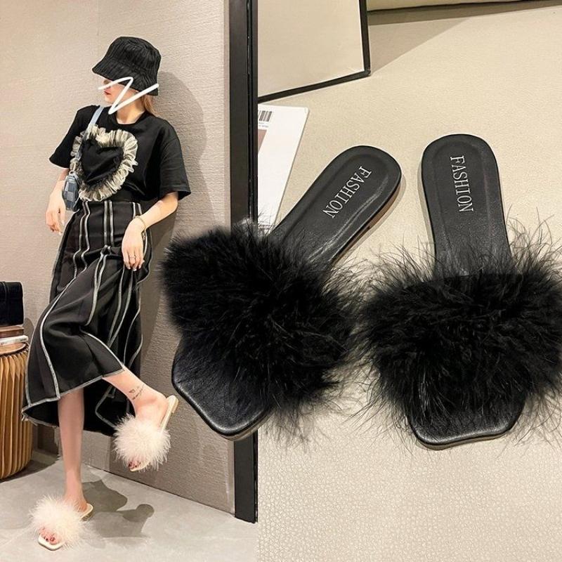 Furry Flat Indoor Fluffy Sandals Beige Woman Slippers Black Fuzzy Summer Slides Shoes for Women 2025 B Casual Vip 39 Sale Y