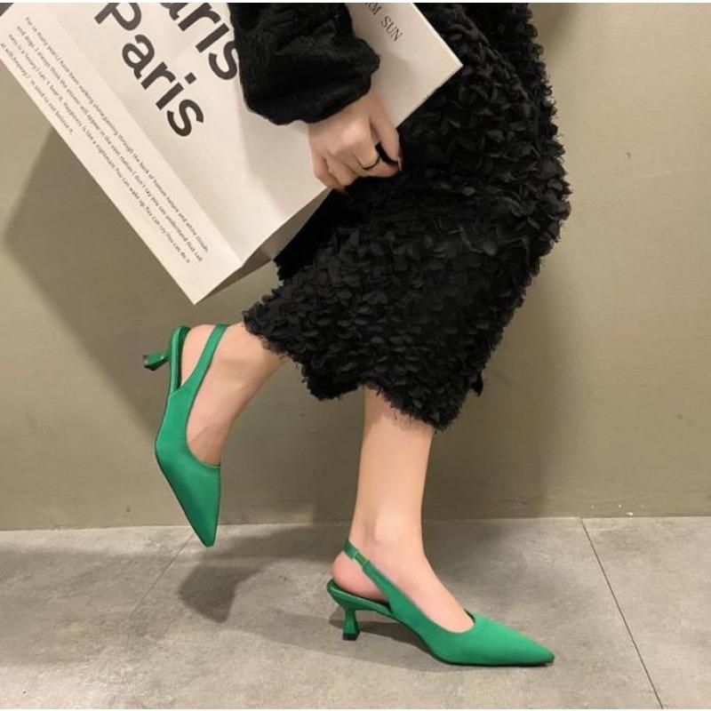 Fashion New Pointy Head Shallow Mouth Half Head Sandal Women's Summer Fine Heels Solid Color Back Strap High Heels