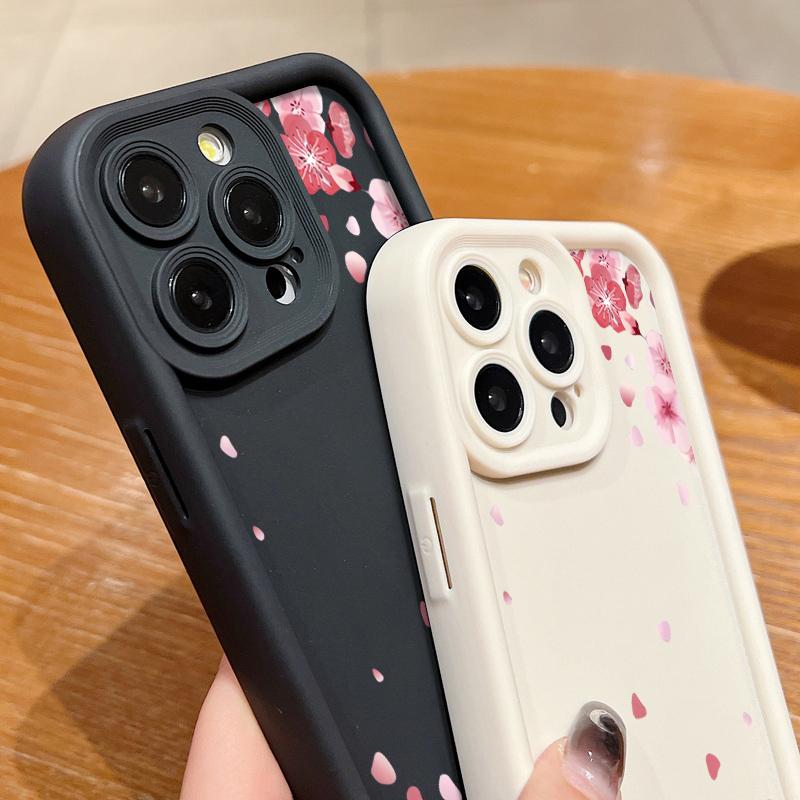Soft TPU Silicone Phone Case For iPhone 15 16 14 Pro Max 11 12 13 Pro 16E XR 15 Plus Pink Peach Blossom Pattern Shockproof Cover
